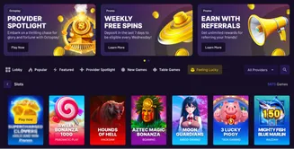 SpinBet promotions and slot games – featuring Provider Spotlight, Weekly Free Spins, Referral Rewards, and popular slots like Sweet Bonanza 1000 and Mighty Fish Blue Marlin